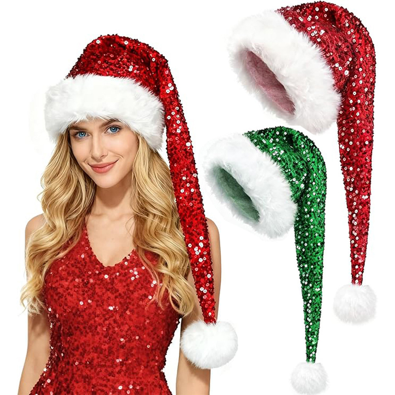 Santa Hat Plush - Unisex Weihnachts-Paillettenhut, doppellagig, dick, langer Plüsch,