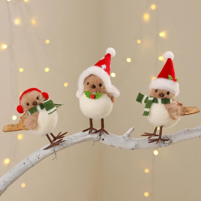 Santa Hat Plush - Weihnachtliche Plüsch-Vogel-Ornamente mit Weihnachtsmütze und Schal,